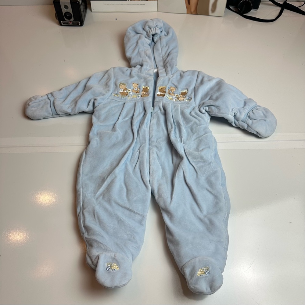 First Impressions Baby Blue Hooded One-Piece | 3–6M
